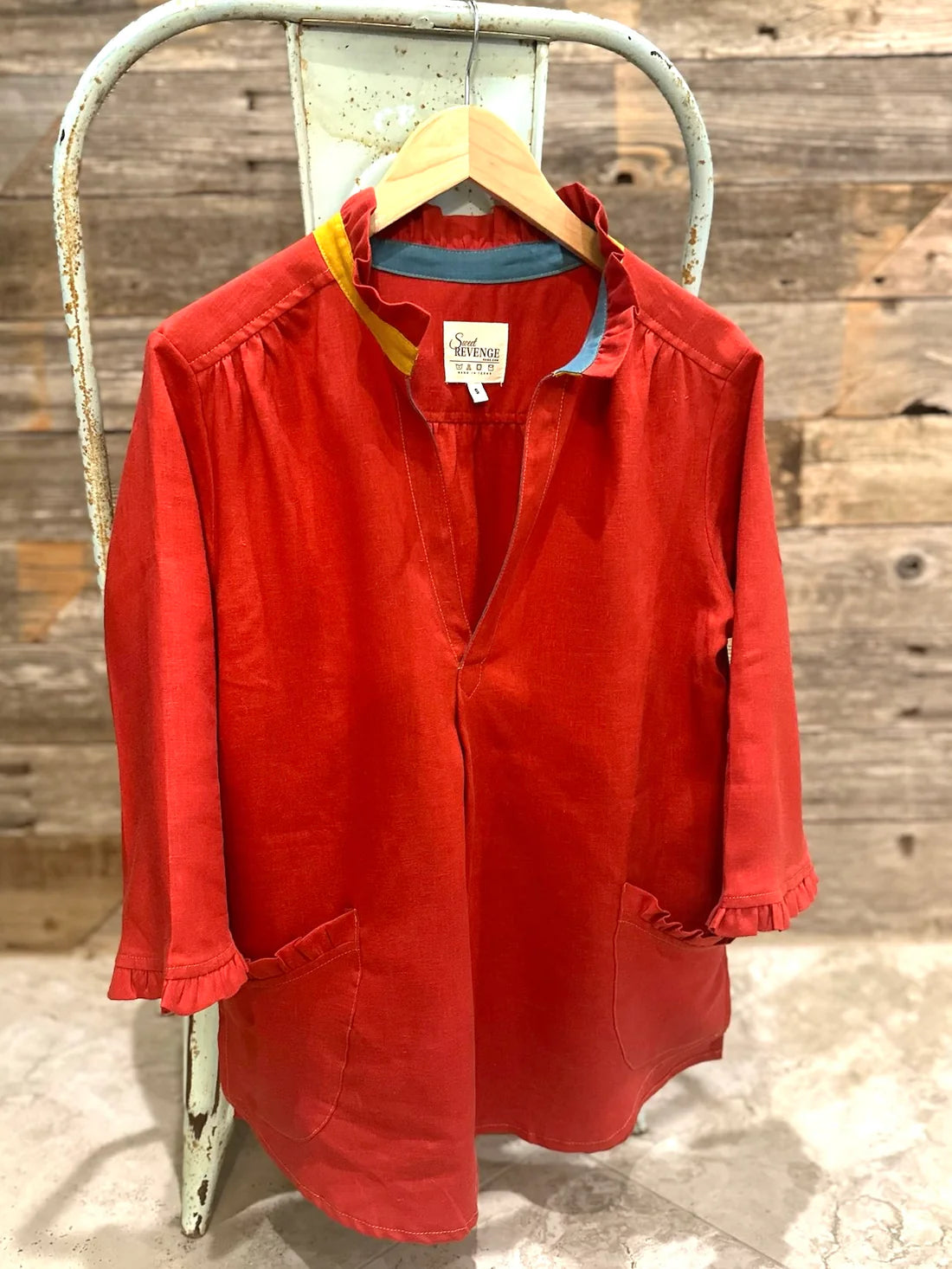 Color Block Ruffle Neck Shirt - Rust