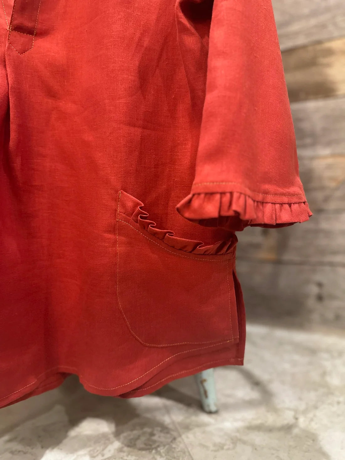 Color Block Ruffle Neck Shirt - Rust