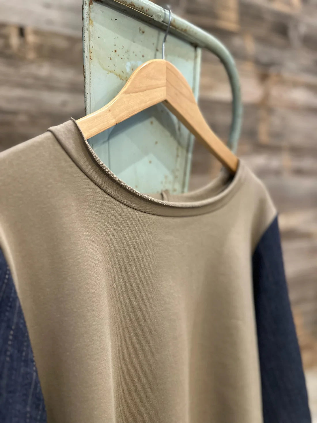 Knit Top with Puff Sleeve - Khaki/Denim