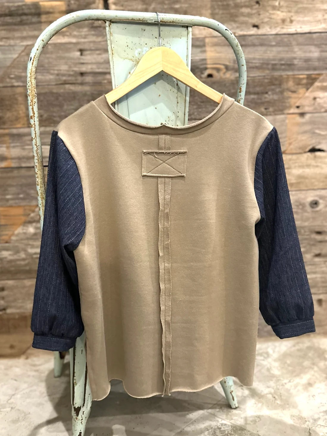 Knit Top with Puff Sleeve - Khaki/Denim