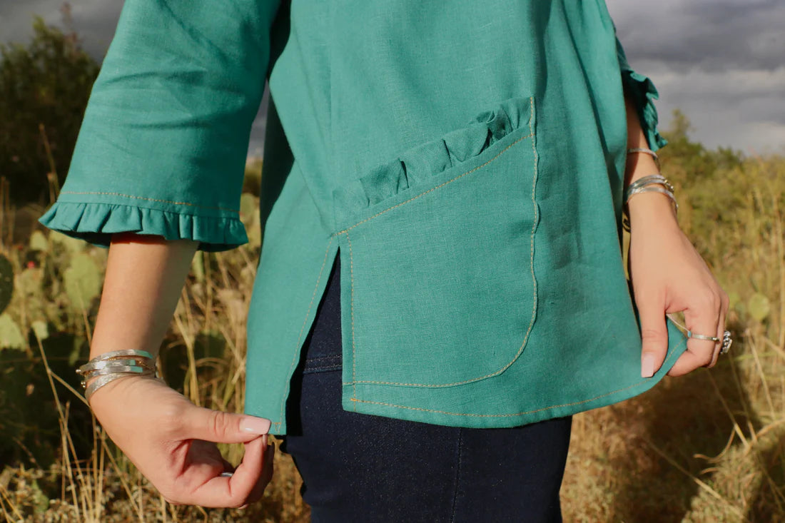 Color Block Ruffle Neck Shirt - Turquoise
