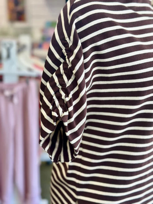 Simple Knit Funnel Neck Top - Brown & White Stripes