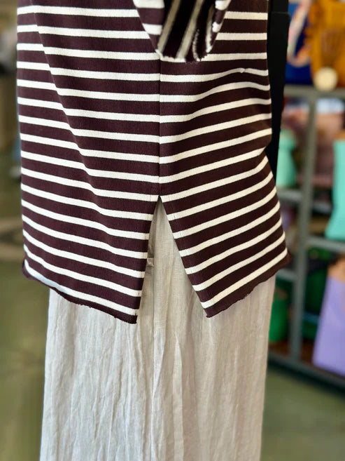 Simple Knit Funnel Neck Top - Brown & White Stripes