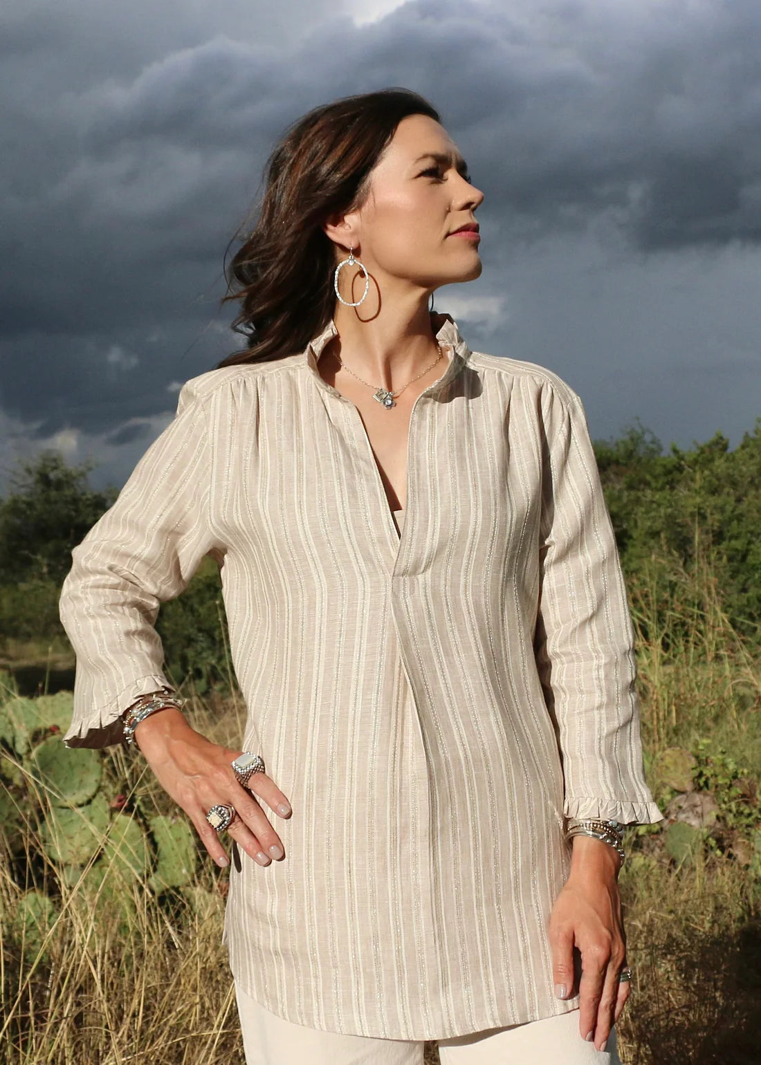 Ruffle Collar Shirt - Lurex Gold Stripe