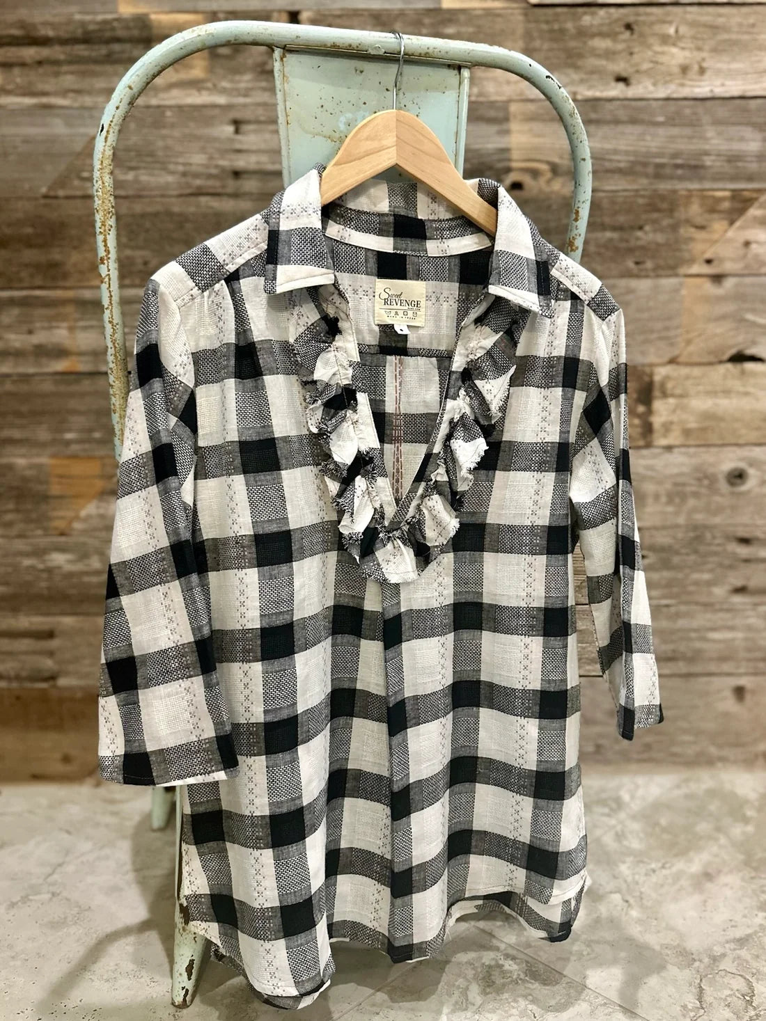 Ruffle Front Shirt - Black Plaid