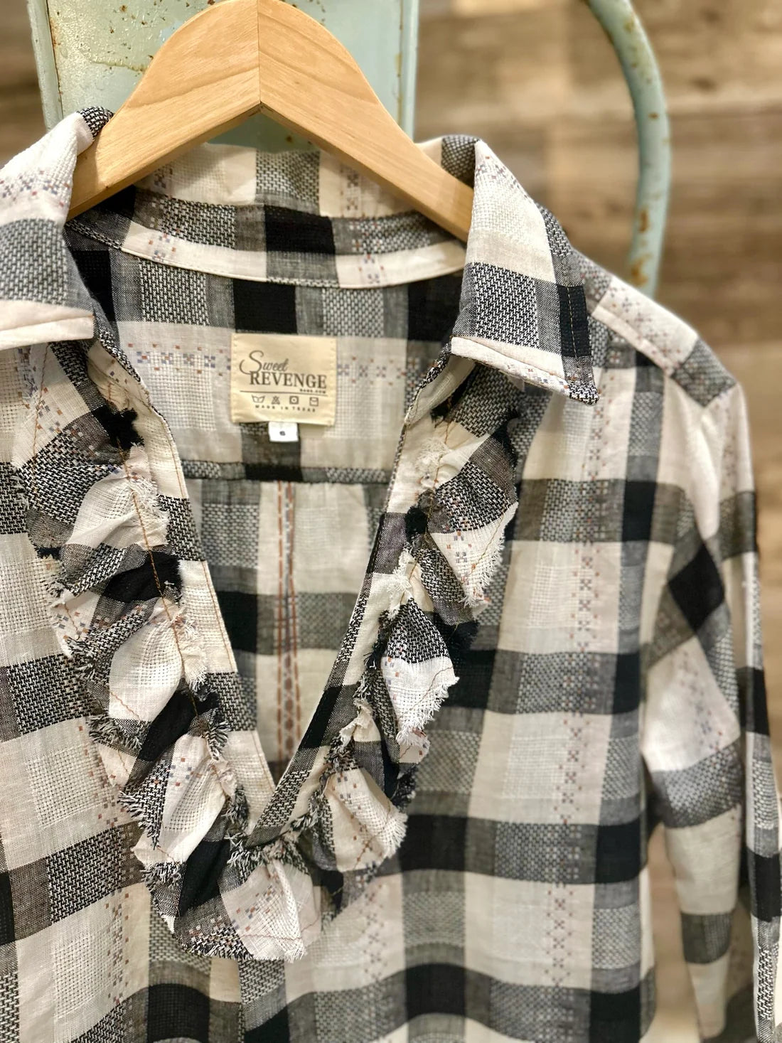 Ruffle Front Shirt - Black Plaid
