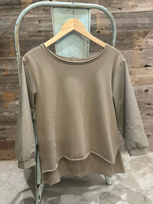 Knit Top with Puff Sleeve - Khaki/Tiny Stripe