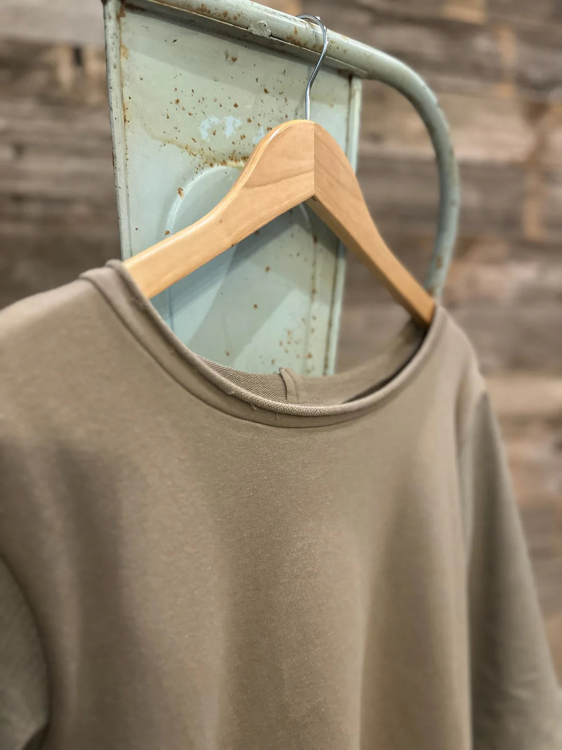 Knit Top with Puff Sleeve - Khaki/Tiny Stripe
