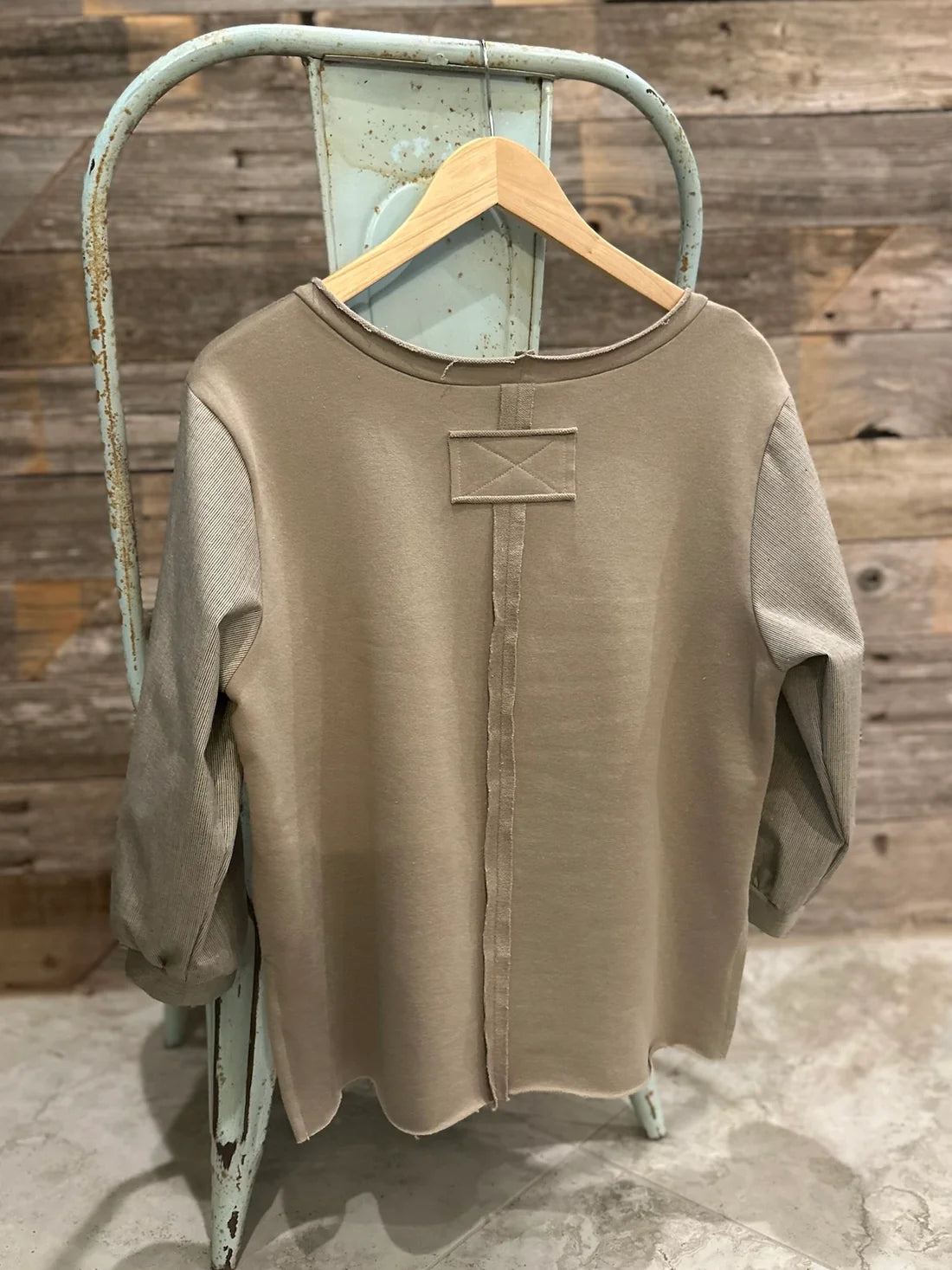 Knit Top with Puff Sleeve - Khaki/Tiny Stripe