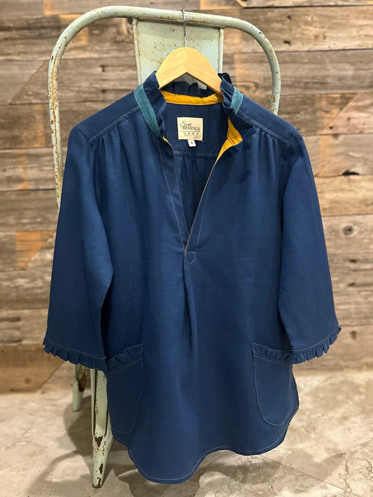 Color Block Ruffle Neck Shirt - Navy