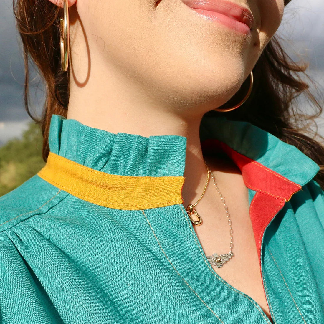 Color Block Ruffle Neck Shirt - Turquoise