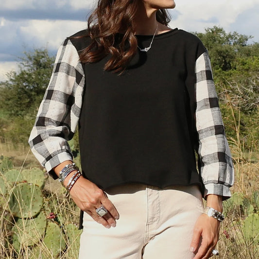 Knit Top with Puff Sleeve - Black Plaid