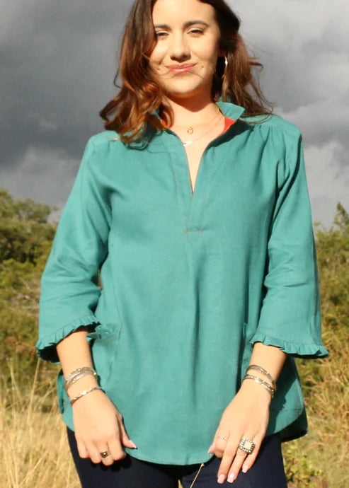 Color Block Ruffle Neck Shirt - Turquoise