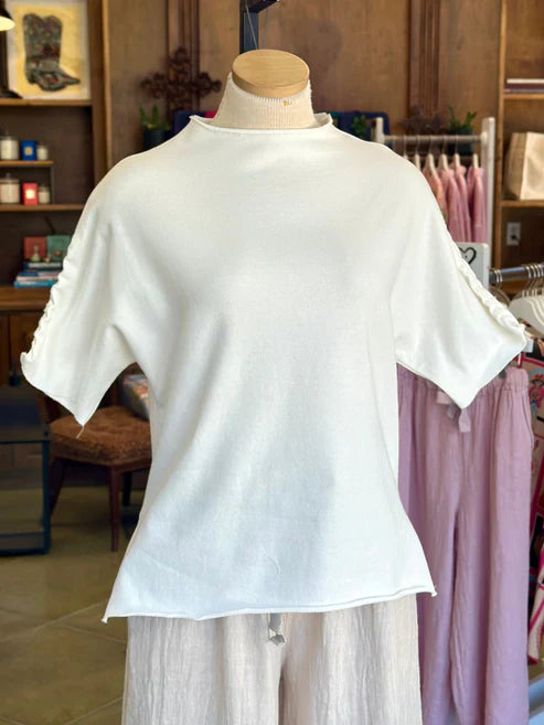 Simple Knit Funnel Neck Top - White