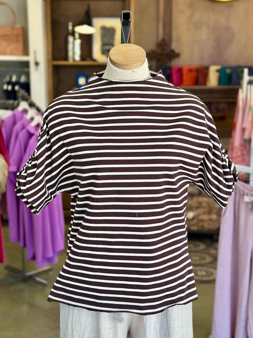 Simple Knit Funnel Neck Top - Brown & White Stripes